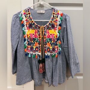 Striped Multicolor Embroidered Women's Top